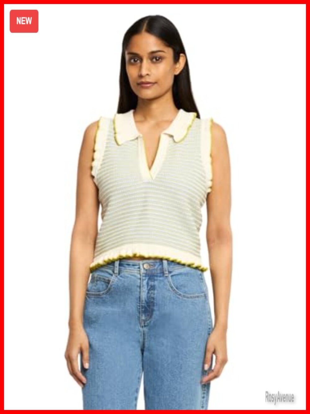 Striped Knit Sleeveless Blouse with Ruffle Hem & Collared Neckline